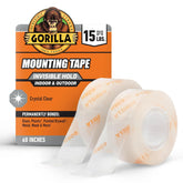 Gorilla Invisible Hold Mounting Tape, 1" x 60" (Pack of 2), Holds up to 15 lbs, Clear Double-Sided Tape for Strong, Permanent Bond, Discreet Adhesive for Classroom and Study Space Setup