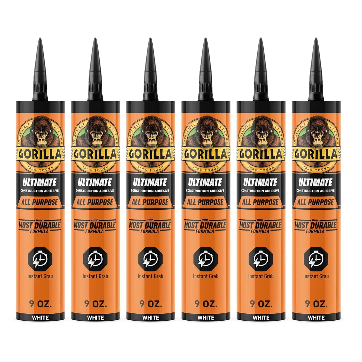 Gorilla Heavy Duty Ultimate Construction Adhesive, 9 Ounce Cartridge, White, (Pack of 6)