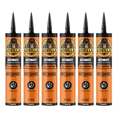 Gorilla Heavy Duty Ultimate Construction Adhesive, 9 Ounce Cartridge, White, (Pack of 6)