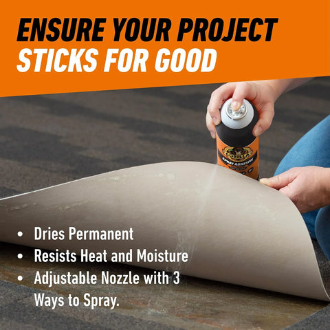 Gorilla Ultimate Spray Adhesive, Multi-Purpose Web Spray Contact Glue, Instant Aggressive Tack, Adjustable Nozzle, White, 12.2 oz (Pack of 1), Bonds Wood, Metal, Plastic, Leather & Fabric