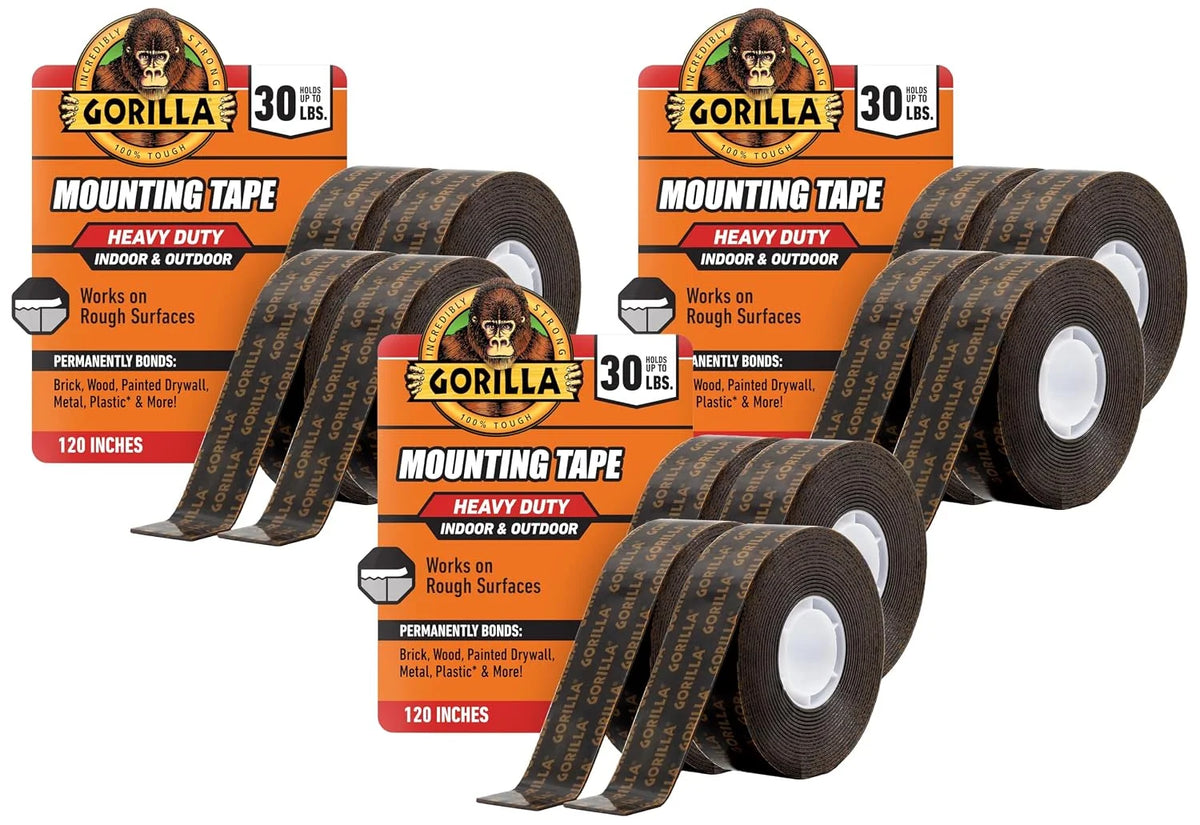 GORILLA Heavy Duty Double Sided Mounting Tape, Black Tape, 1" x 120" (Pack of 12) - Weatherproof for Indoor or Outdoor