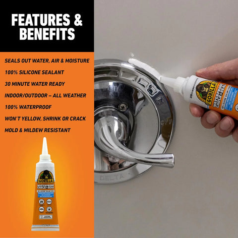 Gorilla 100% Silicone Caulk, Waterproof Sealant, 2.8oz Squeeze Tube (Pack of 2) – White -10 Year Mold Resistant Kitchen, Window, Bath, Marine, Door and More