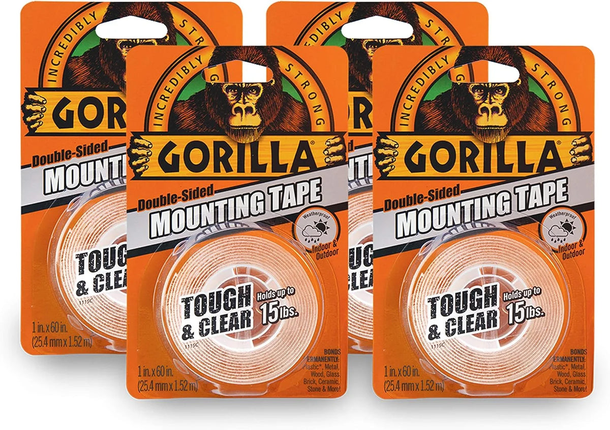 Gorilla Tough & Clear; Double Sided Mounting Tape; Weatherproof; 1" x 60"; Clear; (Pack of 4)