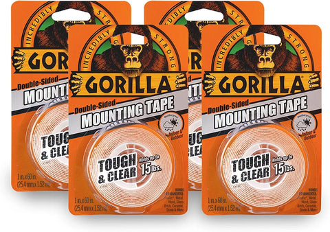 Gorilla Tough & Clear; Double Sided Mounting Tape; Weatherproof; 1" x 60"; Clear; (Pack of 4)