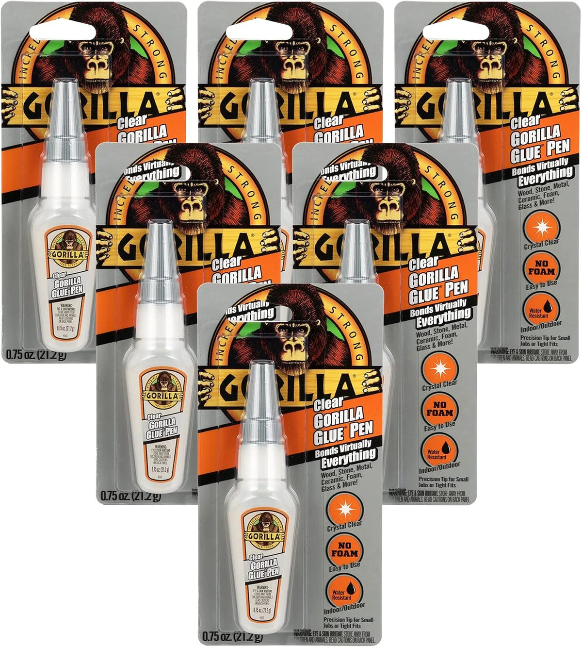 Gorilla Clear Glue Pen, 0.75 Ounce, (Pack of 6)