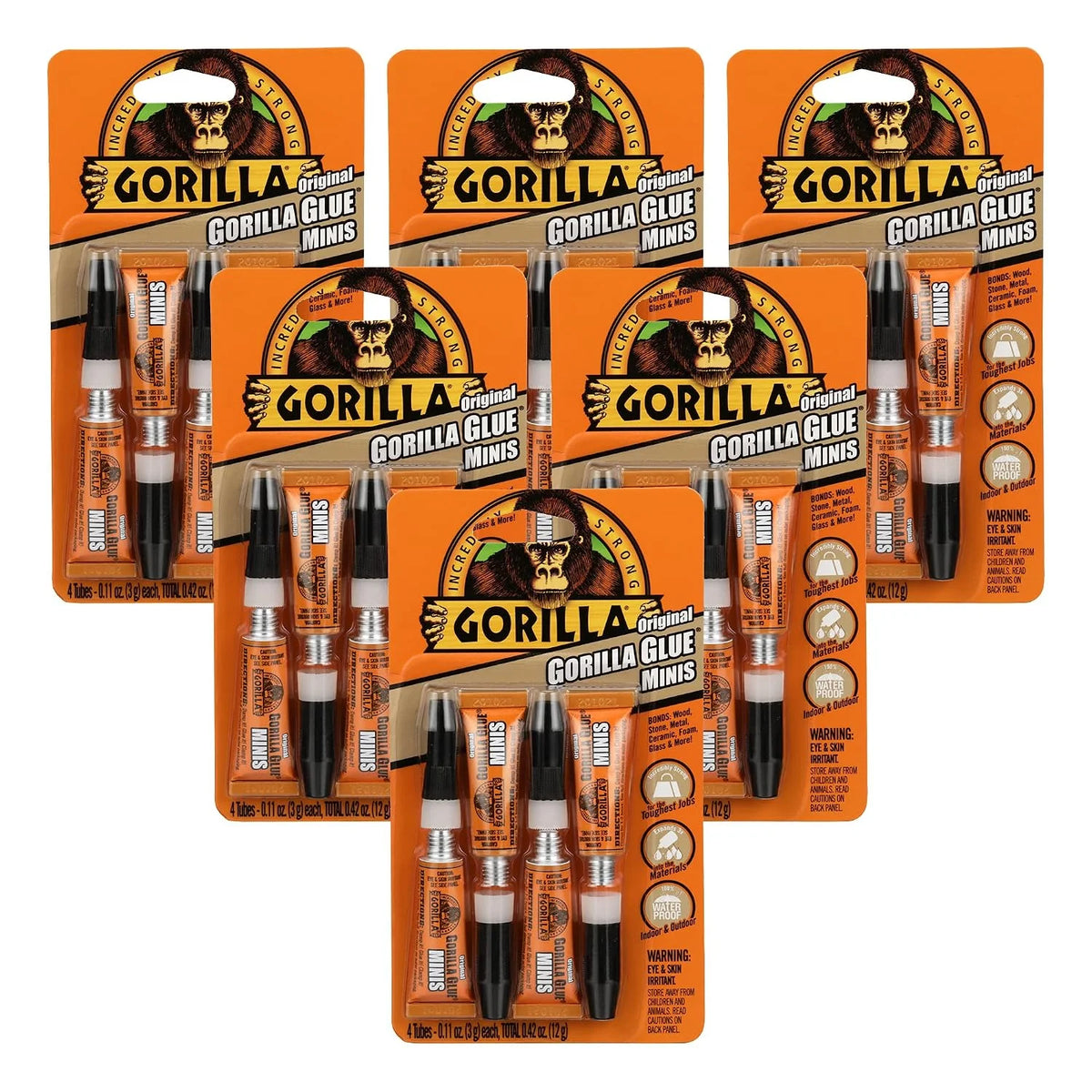 Gorilla Original Gorilla Glue, Brown, Waterproof Polyurethane Glue, Four 3 Gram Tubes (Pack of 6) - Expands Into Materials, All Purpose