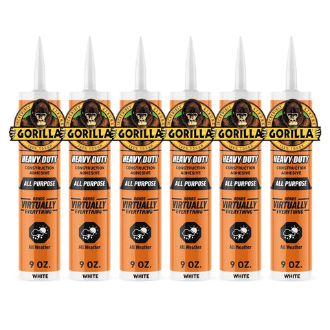 Gorilla Heavy Duty Construction Adhesive, White Glue, 9 Ounce Cartridge (Pack of 6) - Gap Filling and Waterproof