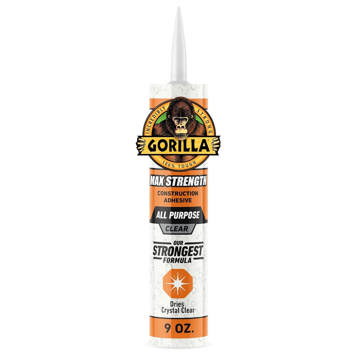 Gorilla Max Strength Construction Adhesive, 9 oz Cartridge (Pack of 1), Clear, Waterproof Gap-Filling Formula for Wood Metal Tile Stone Glass Mirror Indoor Outdoor, Paintable Sandable