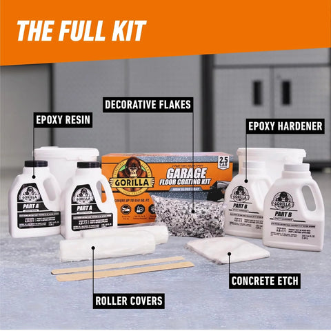 Gorilla Epoxy Garage Floor Coating (12 pc) Kit, 2.5-Car, Concrete Flooring, 100% Solids, Superior Adhesion, Incredibly Durable High Gloss Gray Finish, 550 sq. ft. Coverage