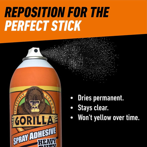 Gorilla Heavy Duty Spray Adhesive, Multi Purpose & Repositionable, Clear, 14 oz (Pack of 1) Bonds Paper, Cardboard, Foam, Fabric, Photo Safe, Non-Yellowing, Indoor & Outdoor