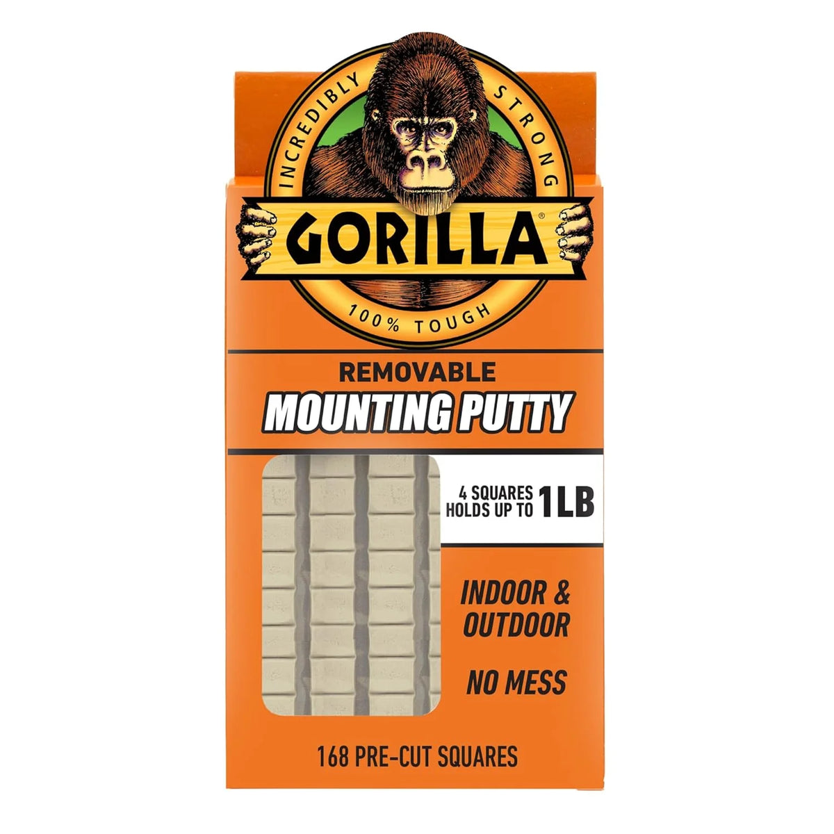 Gorilla Removable Mounting Putty Reusable & Repositionable Adhesive 168 Count Pre-Cut Squares (Pack of 1) Holds 2 lbs. Back to School Supplies for Teachers Students Parents, Indoor Outdoor