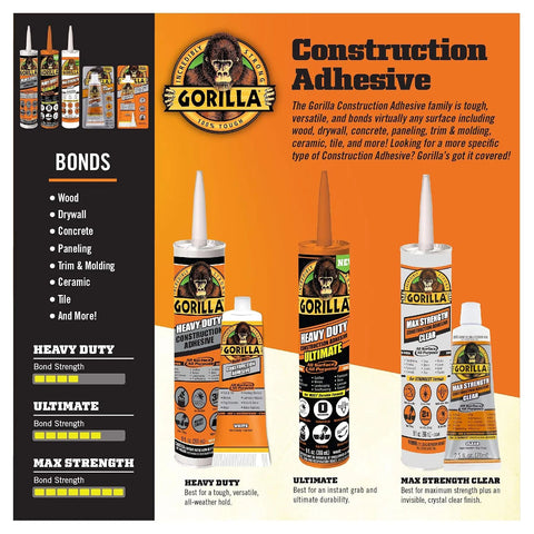 Gorilla Heavy Duty Construction Adhesive, White Glue, 2.5 Ounce Squeeze Tube (Pack of 5) - Gap Filling and Waterproof