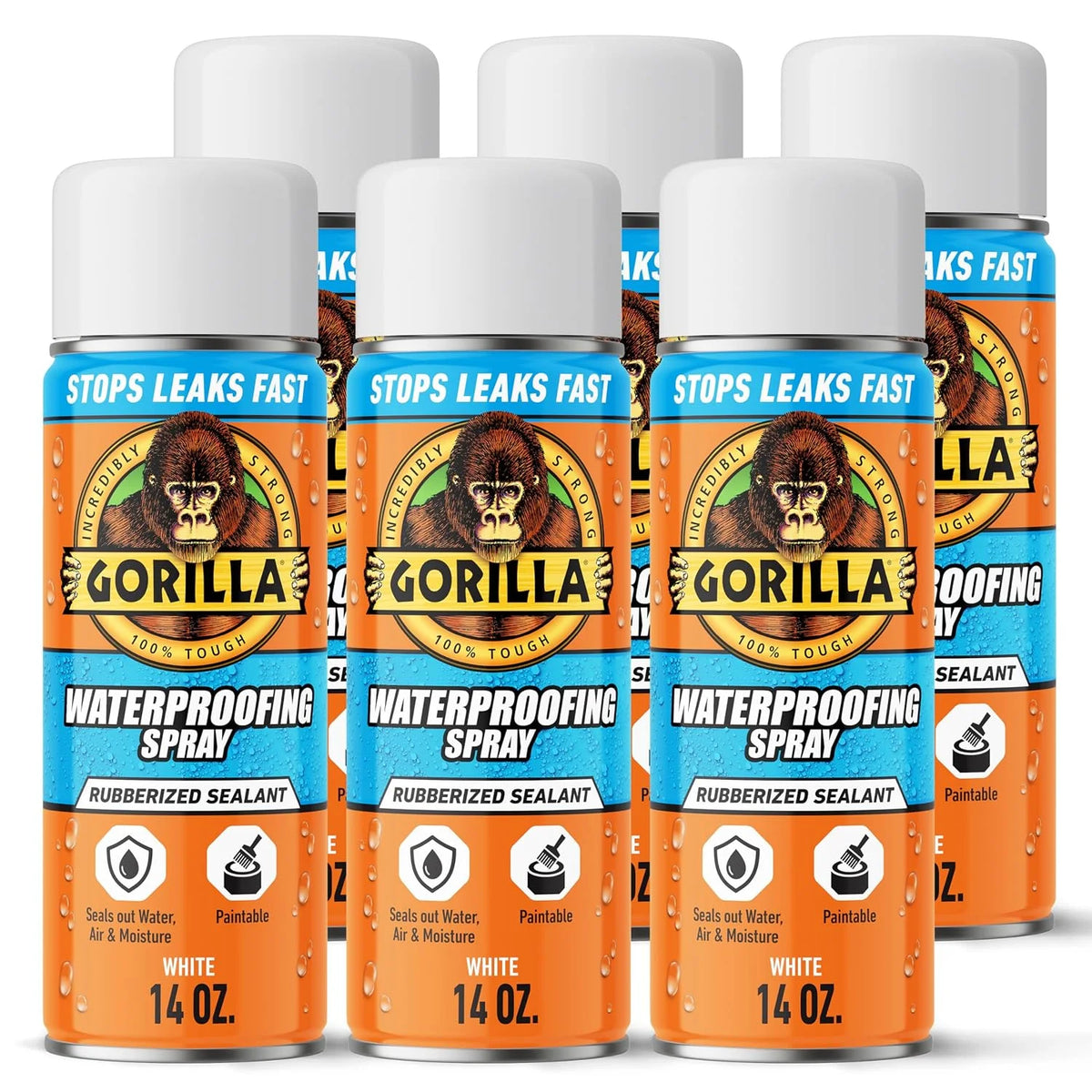 Gorilla Waterproofing Spray White, Flexible Rubberized Sealant Coating, Paintable UV Resistant, Seals Water Air Moisture, 16 oz (Pack of 6), for Roofs Gutters Skylights RVs Windows & More