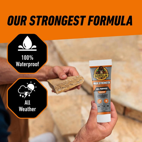 Gorilla Max Strength Construction Adhesive, 7 oz Squeeze Tube (Pack of 1), Clear, Waterproof Gap-Filling Formula for Wood Metal Tile Stone Glass Mirror Indoor Outdoor, Paintable Sandable