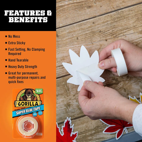 Gorilla Super Glue Tape, Multi-Purpose, Permanent, Double Sided, High Tack, 5/8in x 20ft, Clear (Pack of 6)