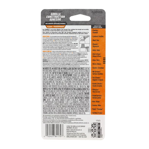 Gorilla Max Strength Construction Adhesive, 2.5 oz (Pack of 1), Clear, Waterproof for Quick Fixes Touch Ups, Bonds Wood Metal Glass Tile Stone Drywall, Indoor Outdoor Gap-Filling Paintable
