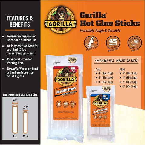 Gorilla Hot Glue Sticks, Clear Glue, Mini Size 4" Long x 0.27" Diameter, 75 Count (Pack of 6) - Safe for All Temperatures with Extended Working Time