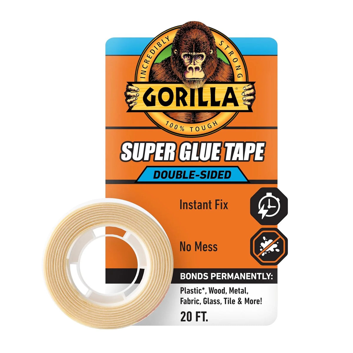 Gorilla Super Glue Tape, Multi-Purpose, Permanent, Double Sided, High Tack, 5/8in x 20ft, Clear (Pack of 1)