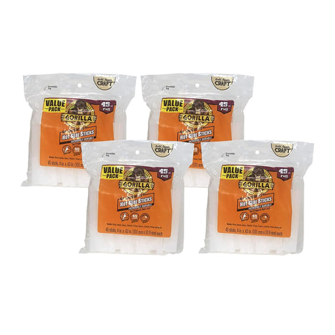 Gorilla 热胶棒,透明胶,全尺寸 4 英寸长 x 0.4 英寸直径,45 支(4 支装) - 适用于所有温度,延长工作时间