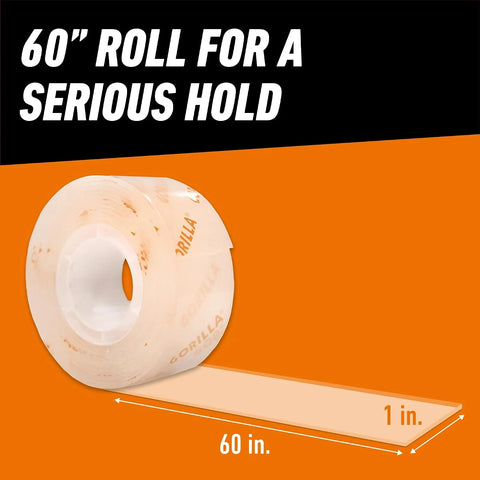Gorilla Invisible Hold Mounting Tape, 1" x 60" (Pack of 2), Holds up to 15 lbs, Clear Double-Sided Tape for Strong, Permanent Bond, Discreet Adhesive for Classroom and Study Space Setup