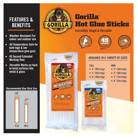 Gorilla 热胶棒,透明胶,全尺寸8英寸(约20.3厘米)长 x 0.4英寸(约1.1厘米)直径,20支(1包)- 适用于所有温度,延长工作时间