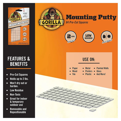 Gorilla Mounting Putty, Natural Tan Color, 84 Pre-Cut Squares (Pack of 8) - Non-Toxic Removable & Repositionable Wall Putty