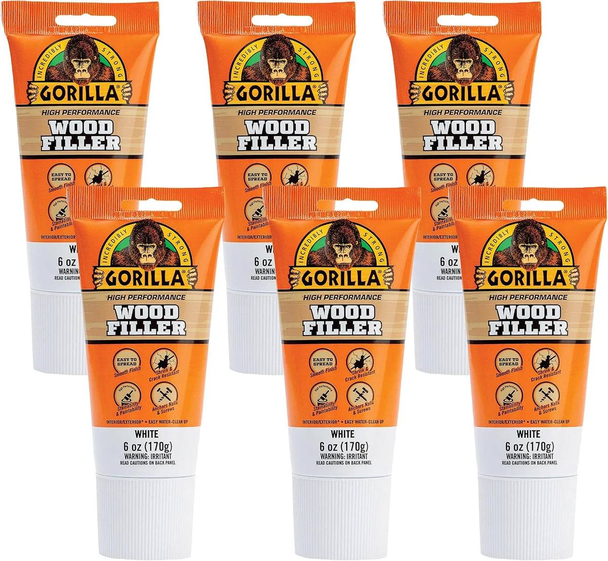 Gorilla All Purpose Wood Filler, White Wood Filler, 6 Ounce Tube (Pack of 6) - Water Resistant for Indoor or Outdoor Projects and Repairs