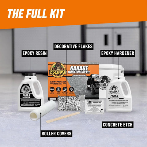 Gorilla Epoxy Garage Floor Coating (7 pc) Kit, 1-Car, Concrete Flooring, 100% Solids, Superior Adhesion, Incredibly Durable High Gloss Gray Finish, 275 sq. ft. Coverage