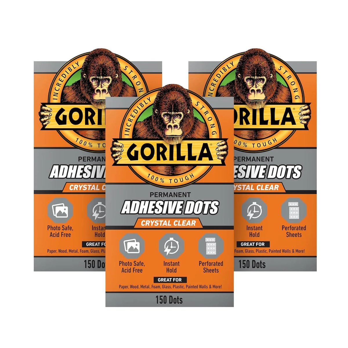 Gorilla 永久胶点,双面,透明,直径 0.5 英寸(约 1.3 厘米),150 片(3 个装) - 无脏乱,照片安全