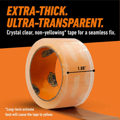 Gorilla Crystal Clear Tape, 1.88” x 18 yd (Pack of 2) - Weather Resistant for Indoor or Outdoor Projects and Repairs
