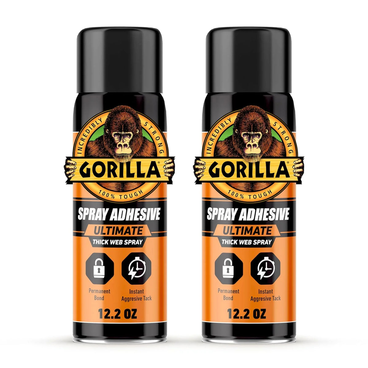Gorilla Ultimate Spray Adhesive, Multi-Purpose Web Spray Contact Glue, Instant Aggressive Tack, Adjustable Nozzle, White, 12.2 oz (Pack of 2), Bonds Wood, Metal, Plastic, Leather & Fabric