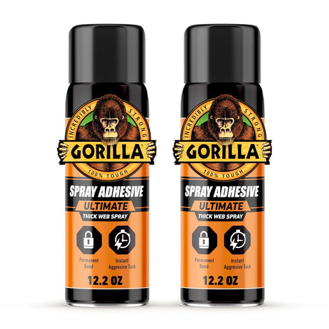 Gorilla Ultimate Spray Adhesive, Multi-Purpose Web Spray Contact Glue, Instant Aggressive Tack, Adjustable Nozzle, White, 12.2 oz (Pack of 2), Bonds Wood, Metal, Plastic, Leather & Fabric
