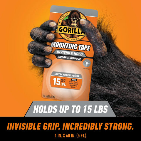 Gorilla Invisible Hold Mounting Tape, 1" x 60" (Pack of 1), Holds up to 15 lbs, Clear Double-Sided Tape for Strong, Permanent Bond, Discreet Adhesive for Classroom and Study Space Setup