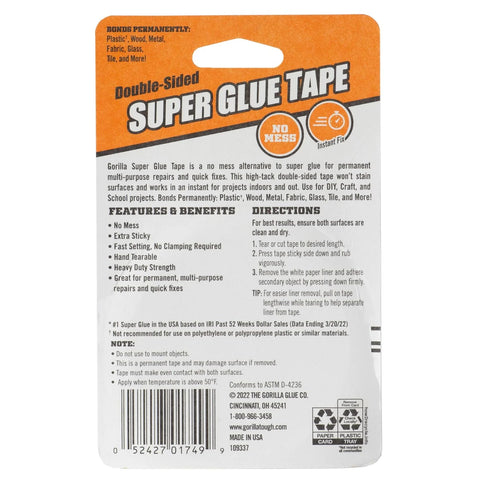 Gorilla Super Glue Tape, Multi-Purpose, Permanent, Double Sided, High Tack, 5/8in x 20ft, Clear (Pack of 6)