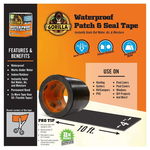Gorilla Waterproof Patch & Seal Tape,Black Tape,4" x 10' - Permanent Weather Resistant Seal for Leaks and Repairs,(Pack of 16)