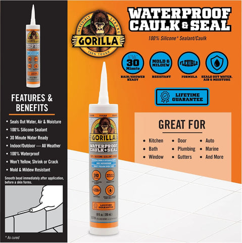 Gorilla Clear 100 Percent Silicone Sealant Caulk and Newborn 189D Drip Free Caulking Gun