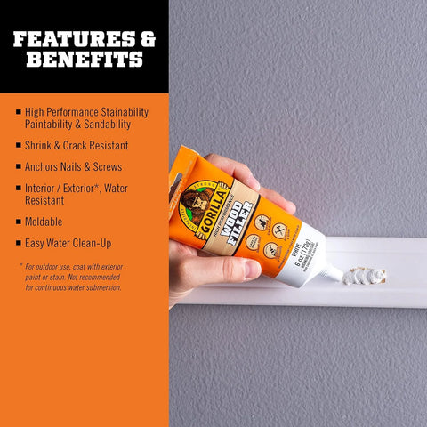 Gorilla All Purpose Wood Filler, White Wood Filler, 6 Ounce Tube (Pack of 6) - Water Resistant for Indoor or Outdoor Projects and Repairs