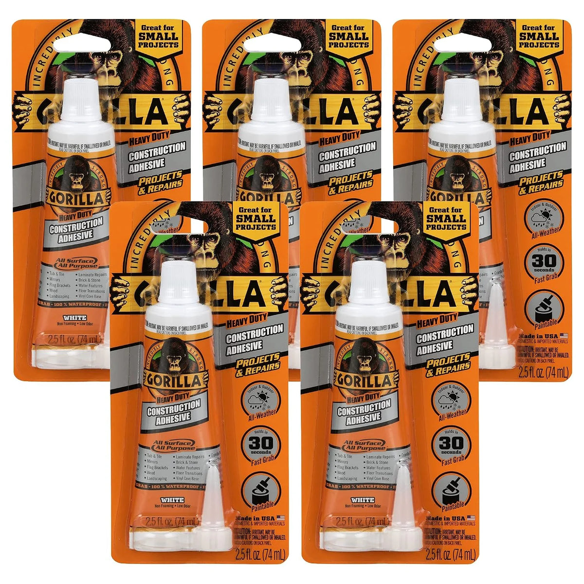 Gorilla Heavy Duty Construction Adhesive, White Glue, 2.5 Ounce Squeeze Tube (Pack of 5) - Gap Filling and Waterproof