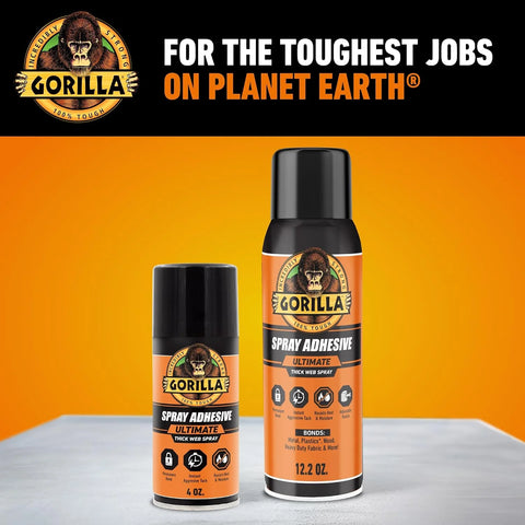 Gorilla Ultimate Spray Adhesive, Multi-Purpose Web Spray Contact Glue, Instant Aggressive Tack, Adjustable Nozzle, White, 12.2 oz (Pack of 2), Bonds Wood, Metal, Plastic, Leather & Fabric