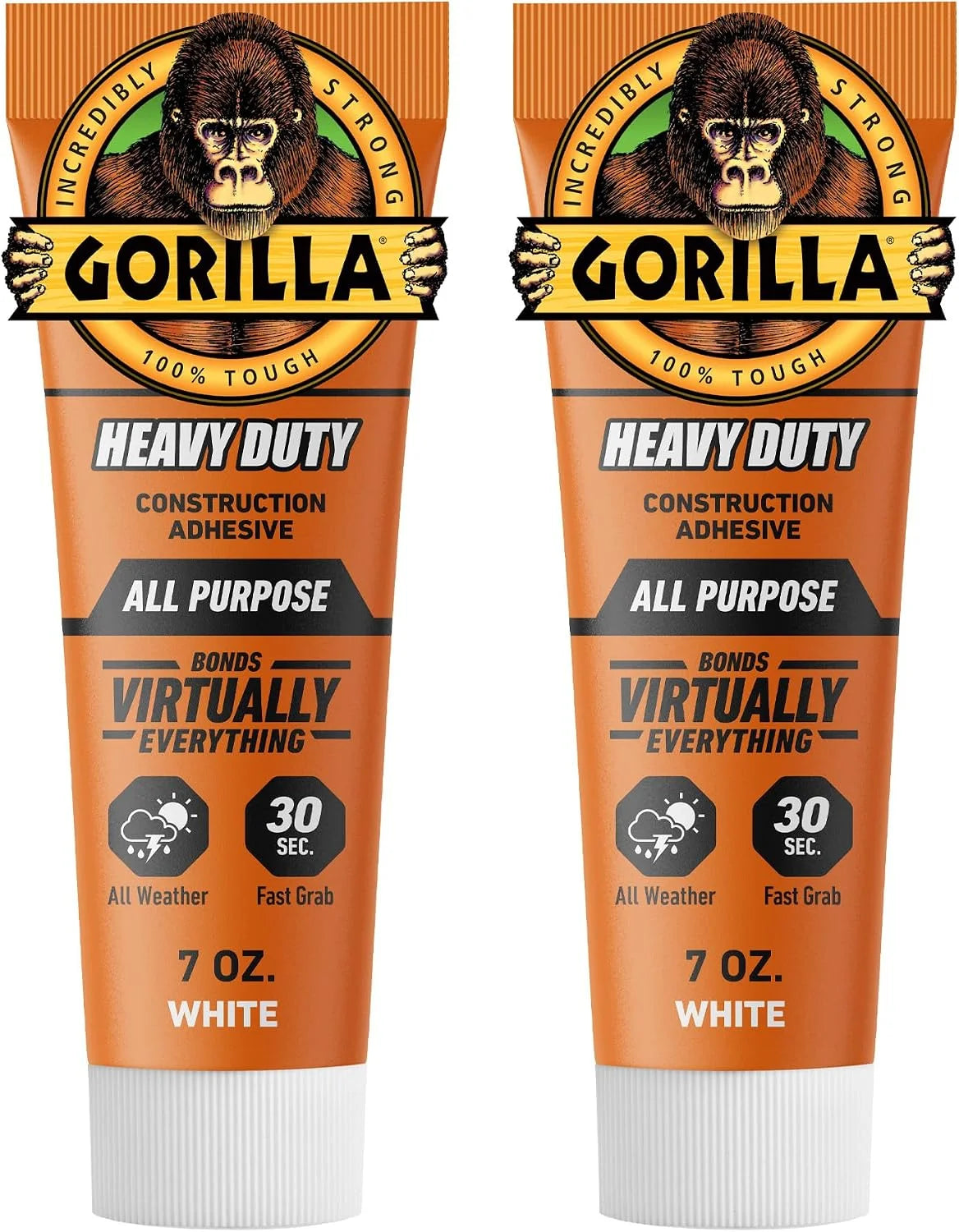 Gorilla Heavy Duty Construction Adhesive, White Glue, 7 Ounce Squeeze Tube (Pack of 2) - Gap Filling and Waterproof