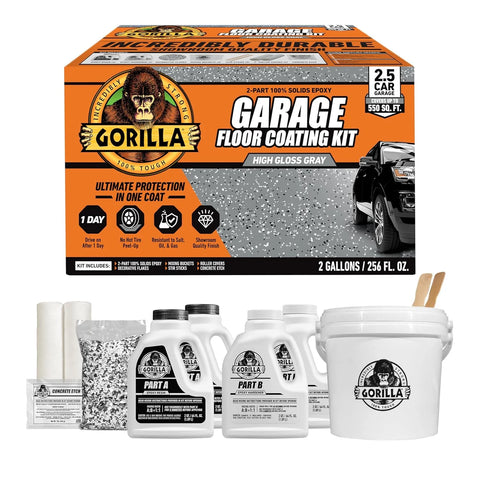 Gorilla Epoxy Garage Floor Coating (12 pc) Kit, 2.5-Car, Concrete Flooring, 100% Solids, Superior Adhesion, Incredibly Durable High Gloss Gray Finish, 550 sq. ft. Coverage