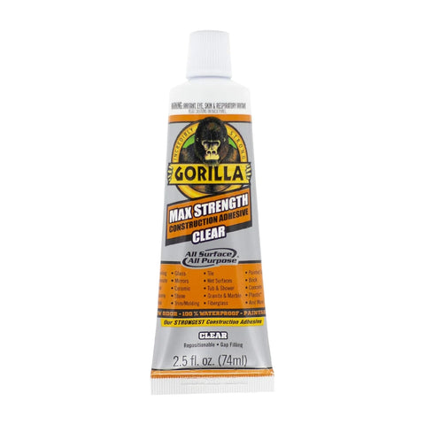 Gorilla Max Strength Construction Adhesive, Clear Glue, 2.5 Ounce Squeeze Tube (Pack of 2) - Gap Filling and Waterproof