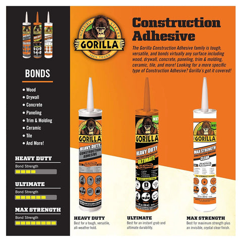 Gorilla Heavy Duty Ultimate Construction Adhesive, 9 Ounce Cartridge, White, (Pack of 2)