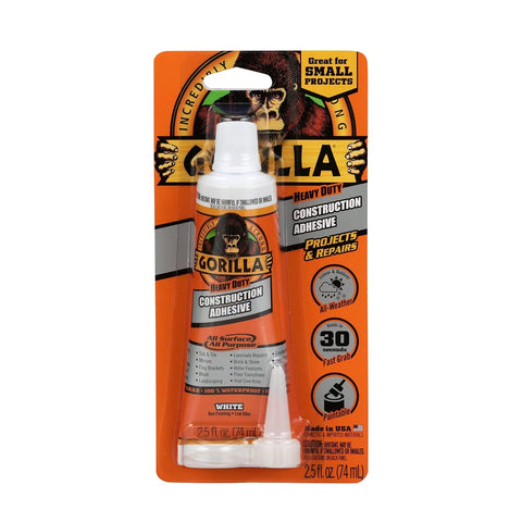 Gorilla Heavy Duty Construction Adhesive, White Glue, 2.5 Ounce Squeeze Tube (Pack of 5) - Gap Filling and Waterproof
