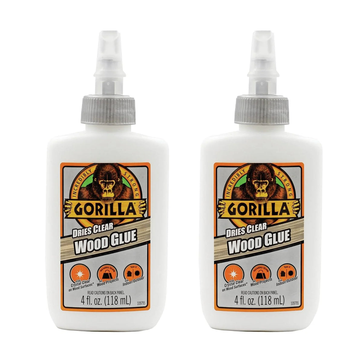 Gorilla Dries 透明木胶,4 盎司(约 113.4 克)瓶装(2 件装)- 防水,适用于室内或室外项目和修理