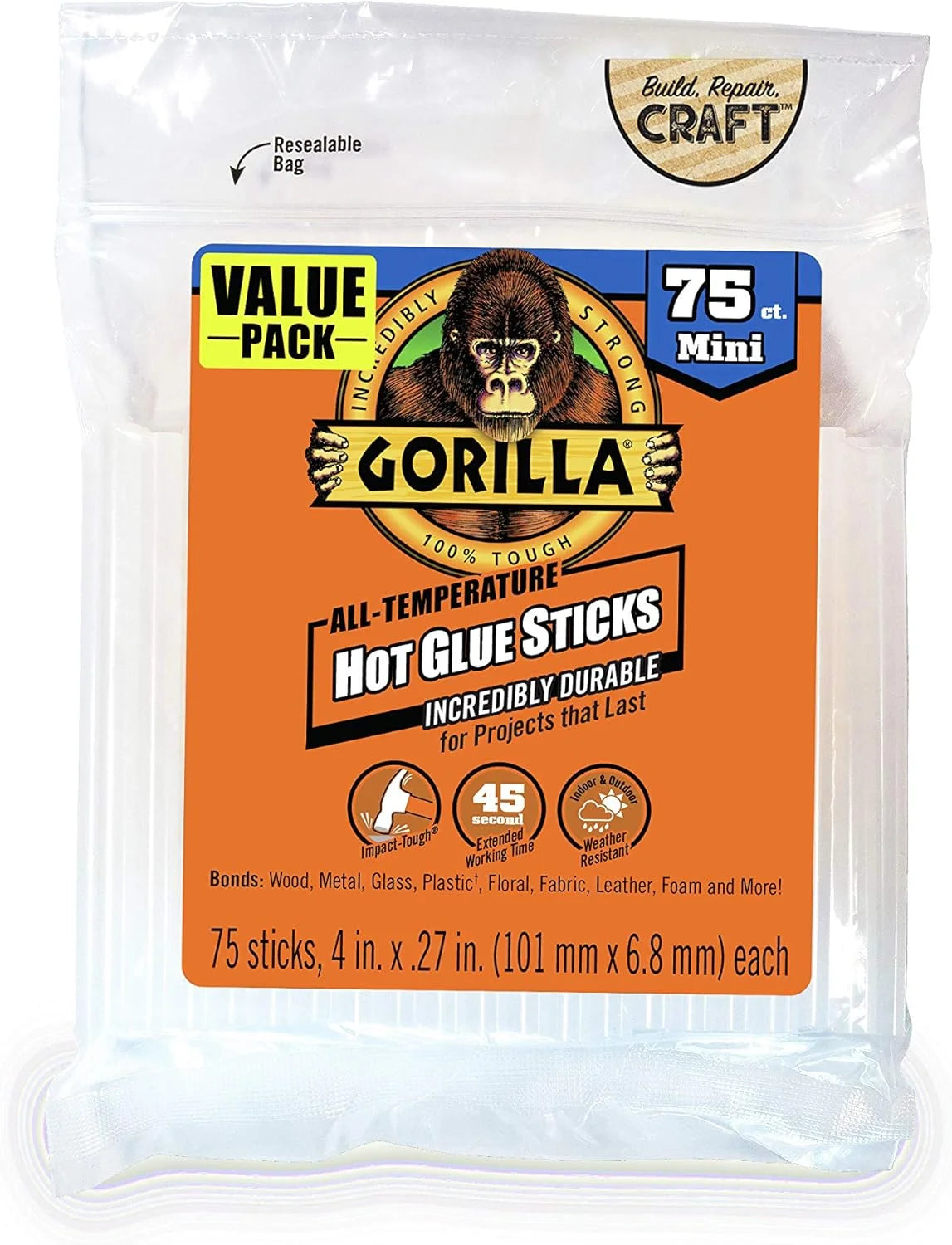 Gorilla 热胶棒,透明胶,迷你尺寸 4 英寸长 x 0.25 英寸直径,75 支(1 包) - 适用于所有温度,延长工作时间