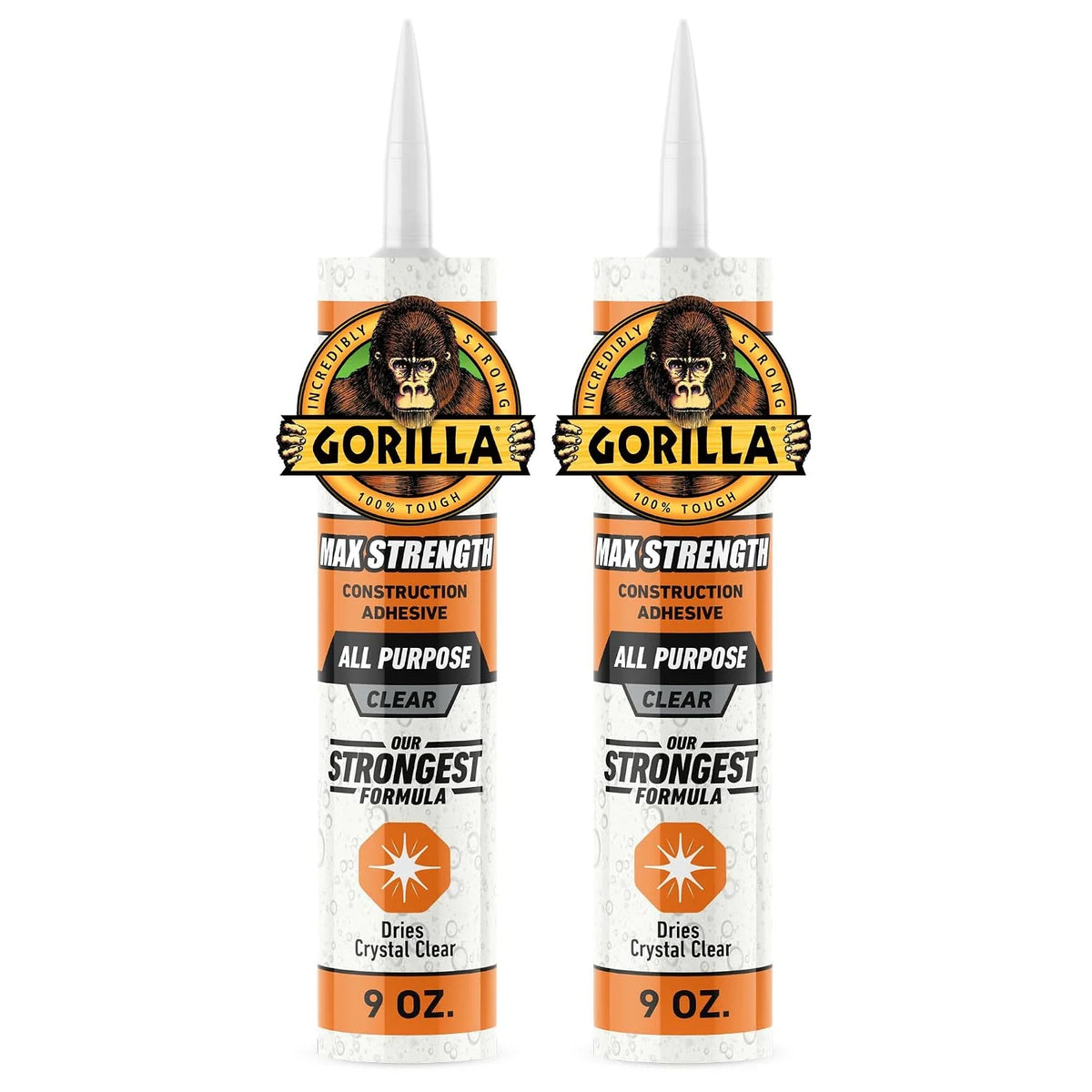 Gorilla Max Strength Construction Adhesive, Clear Glue, 9 Ounce Cartridge (Pack of 2) - Gap Filling and Waterproof