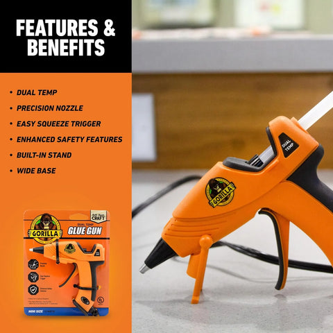Gorilla Mini Hot Glue Gun Kit (Pack of 1 Mini Hot Glue Gun and 75 Sticks) - Dual Temp, Precision Nozzle, and Easy Squeeze Trigger
