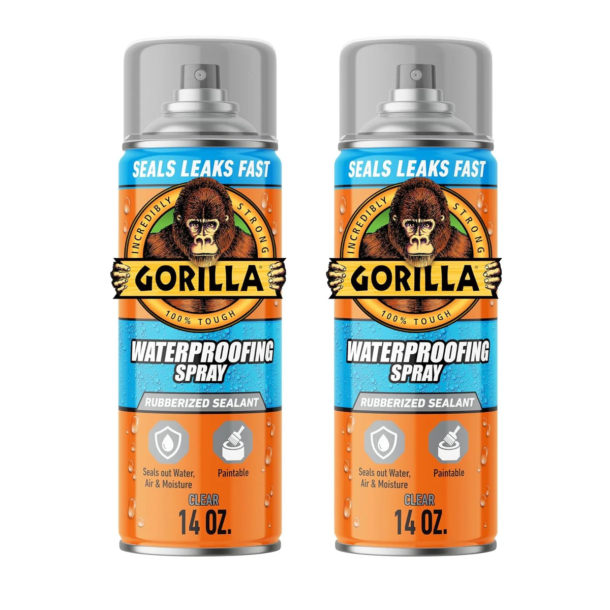 Gorilla Waterproofing Spray Clear, Flexible Rubberized Sealant Coating, Paintable UV Resistant, Seals Water Air Moisture, 14 oz (Pack of 2), for Roofs Gutters Skylights RVs Windows & More