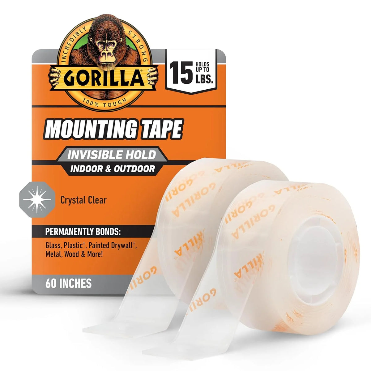 Gorilla Invisible Hold Mounting Tape, 1" x 60" (Pack of 2), Holds up to 15 lbs, Clear Double-Sided Tape for Strong, Permanent Bond, Discreet Adhesive for Classroom and Study Space Setup